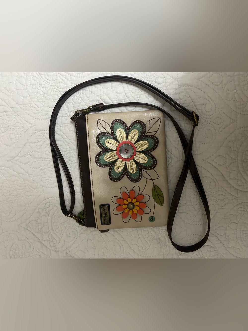 CHALA NWOT TAN & BROWN CROSSBODY BAG WITH MULTICOLOR FLORAL APPLIQUÉ - Picture 8 of 8